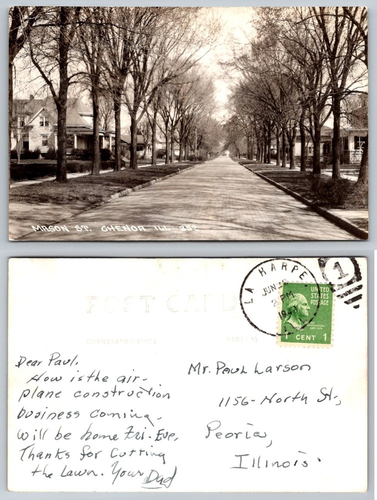 RPPC Mason St. Chenoa Illinois Tree Lined Street Scene Postcard 1930s