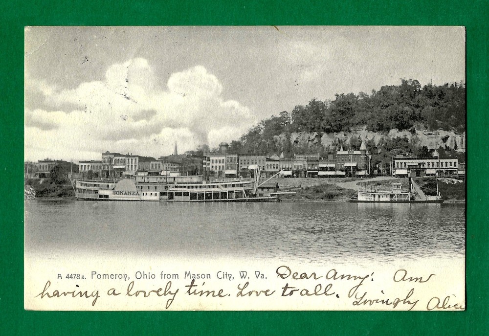 Pomeroy, Meigs Co, OH 1906 pmk on pc STEAMER BONANZA, view from Mason City, WV