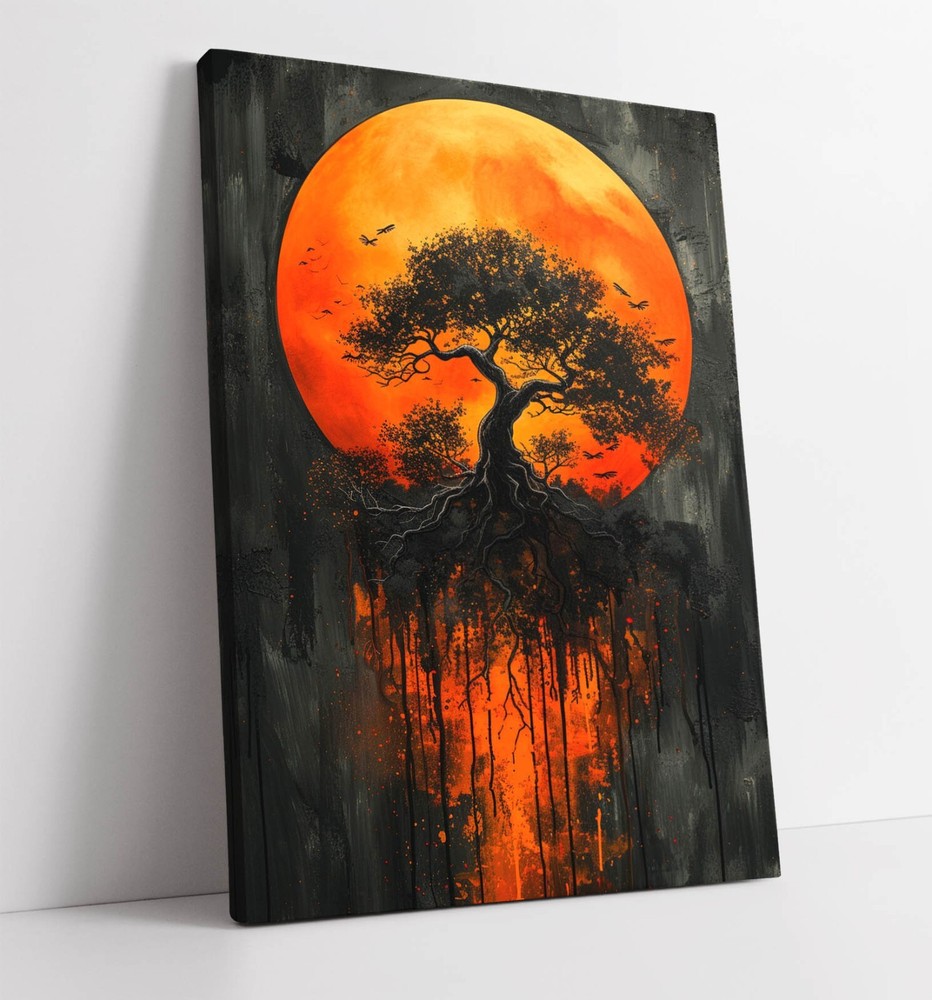 COOL BLACK TREE SILHOUETTE ORANGE MOON FRAMED CANVAS WALL ART PICTURE PRINT