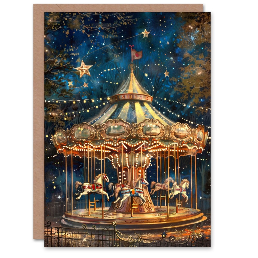 Carousel Under The Stars Magical Dreamy Painting Birthday Card