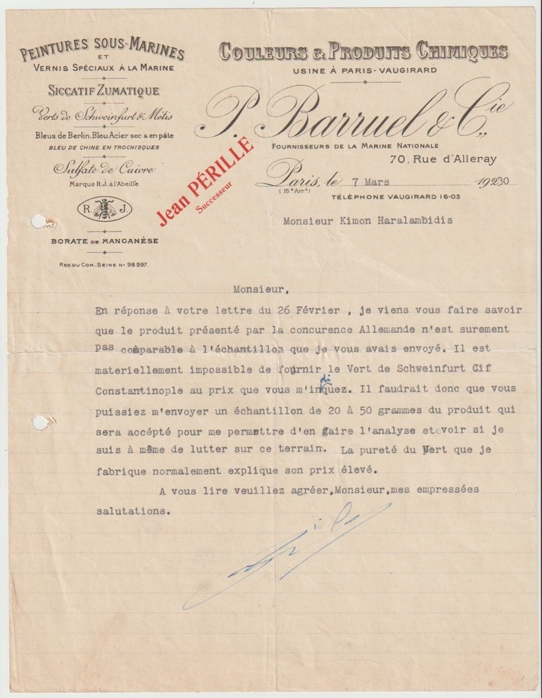 Vintage 1930 P. Barruel & Cie Paris Chemical Letterhead Document
