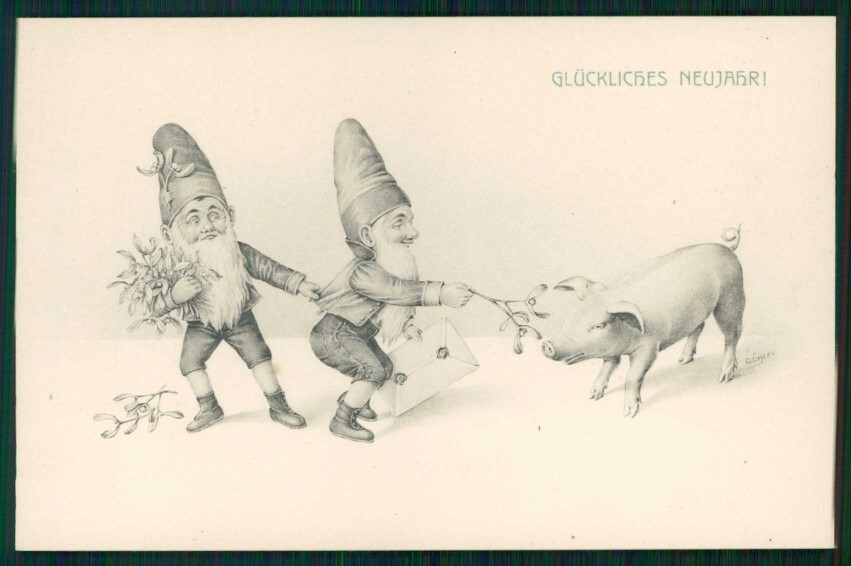 Artist Signed Ohler Gnomo Gnome Zwerge Dwarf Pig Viennoise 526 postcard TC5076