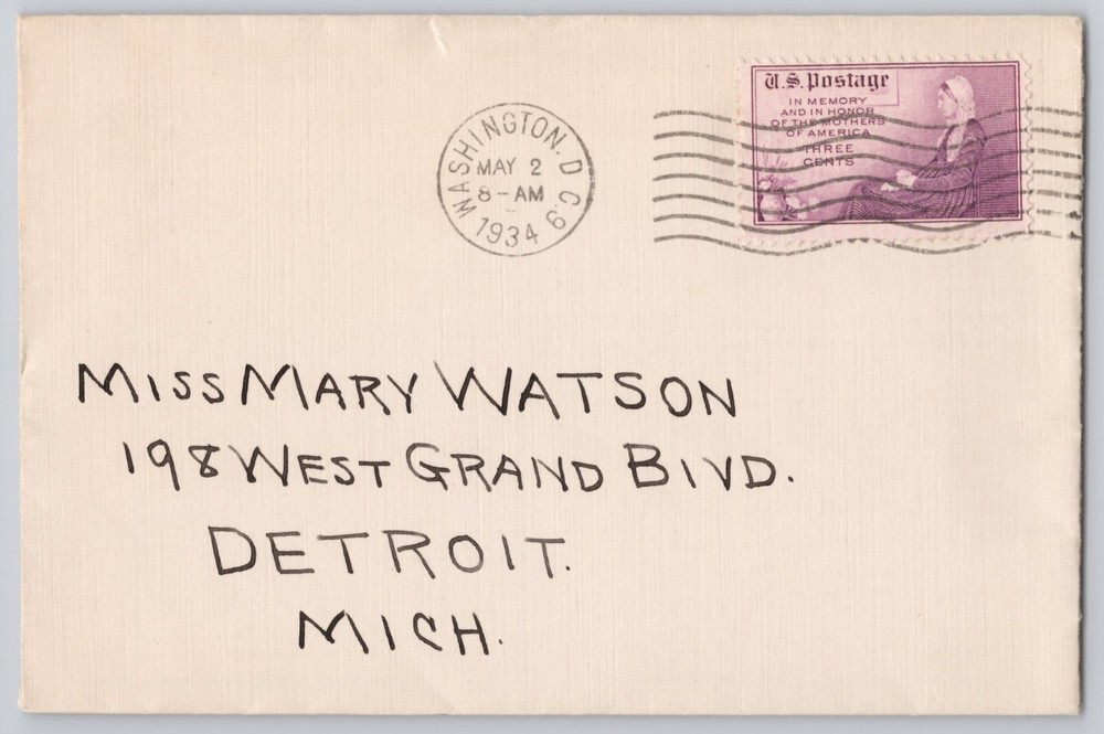 Detroit, Michigan — Cover to Miss Mary Watson, 198 West Grand Blvd, — 1934