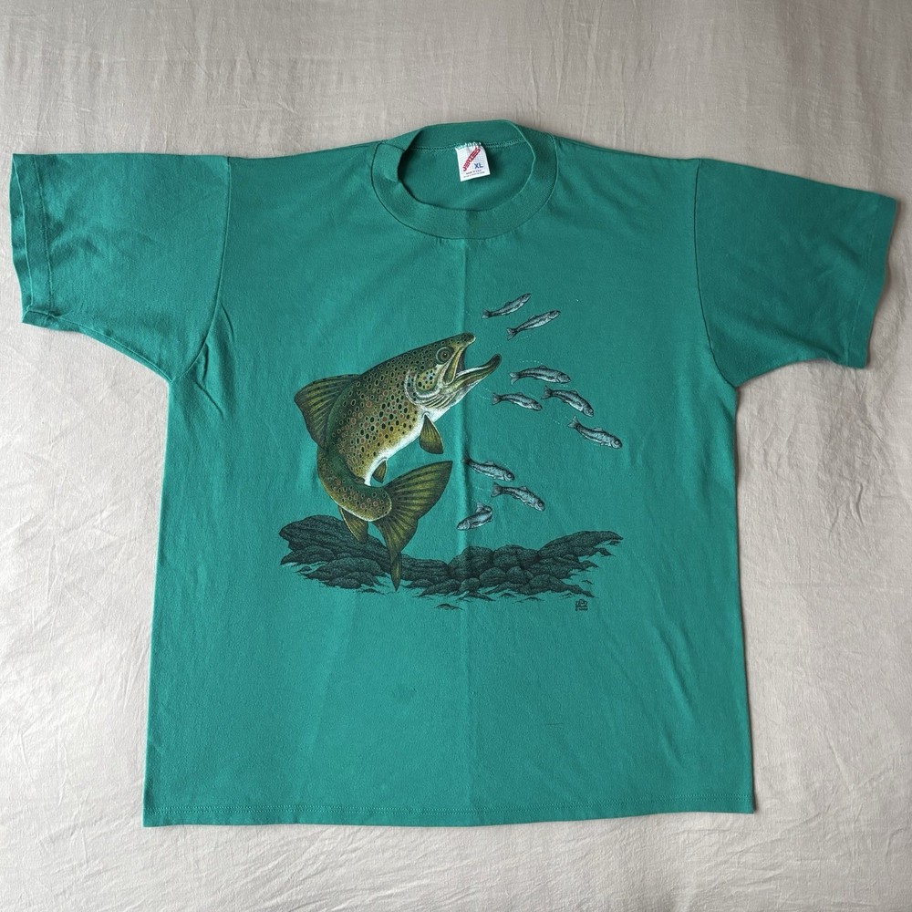 Vintage 80s Trout Fish Nature Wildlife Single Stitch USA Teal Mens XL