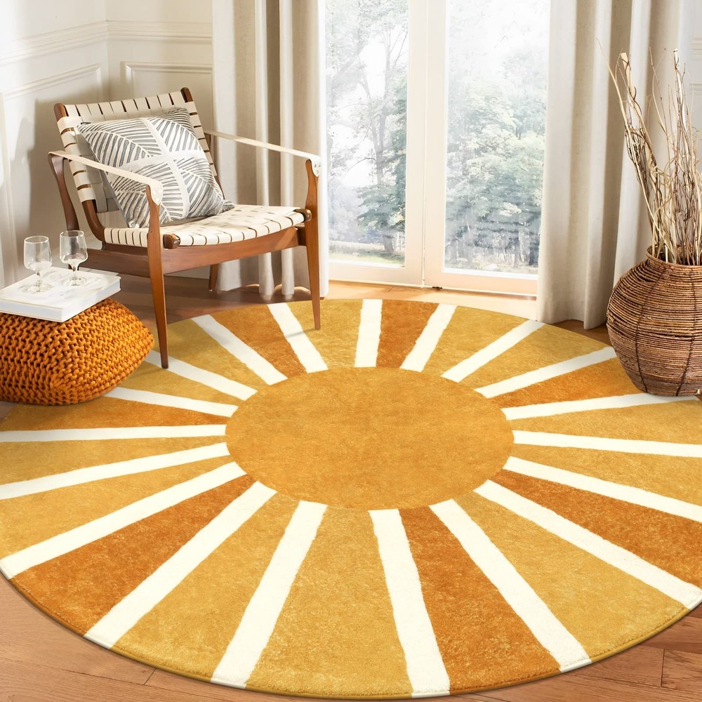 Sun Round Rug: 3ft Washable & Non-Slip Distressed Boho Rainbow Sun Print for