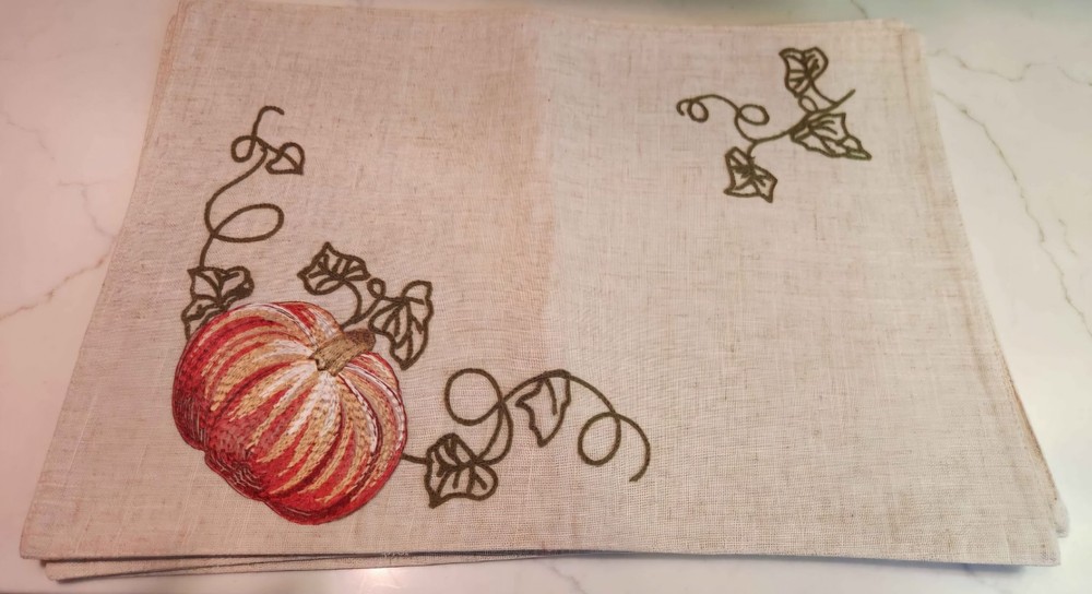 Fall Pumpkin Embroidered Placemats Set of 4 Harvest Leaves Thanksgiving
