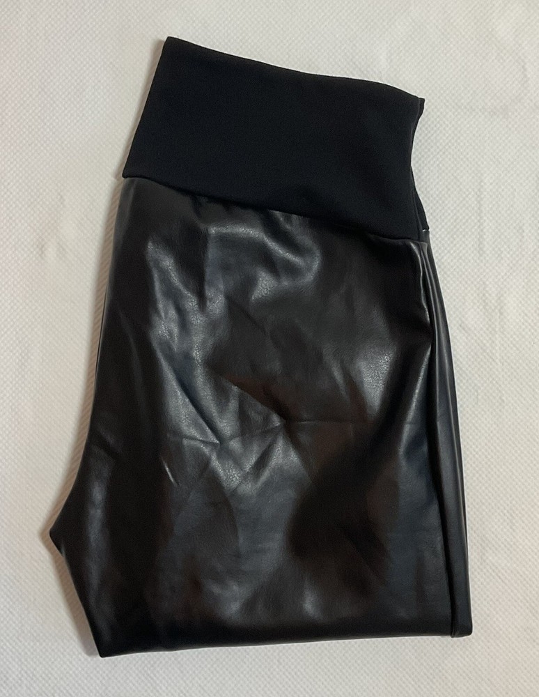 ASSETS by SPANX Women's Large All Over Black Faux Leather Leggings Stretch Pants