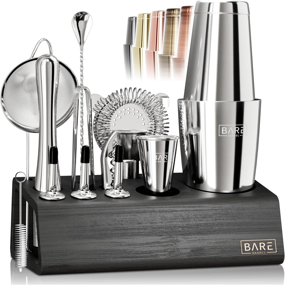 BARE BARREL Mixology Bartender Kit with 28oz Silver Black Boston Shaker Set