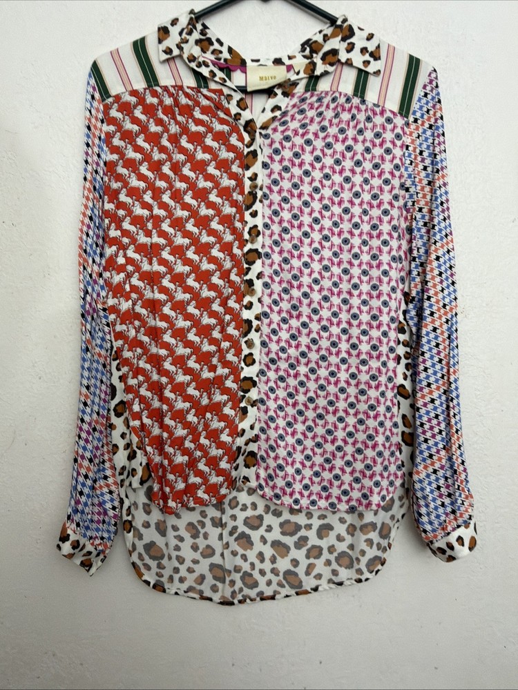 Anthropologie Maeve  XS  Alida Button Down Blouse Patchwork Mixed Print Top T14