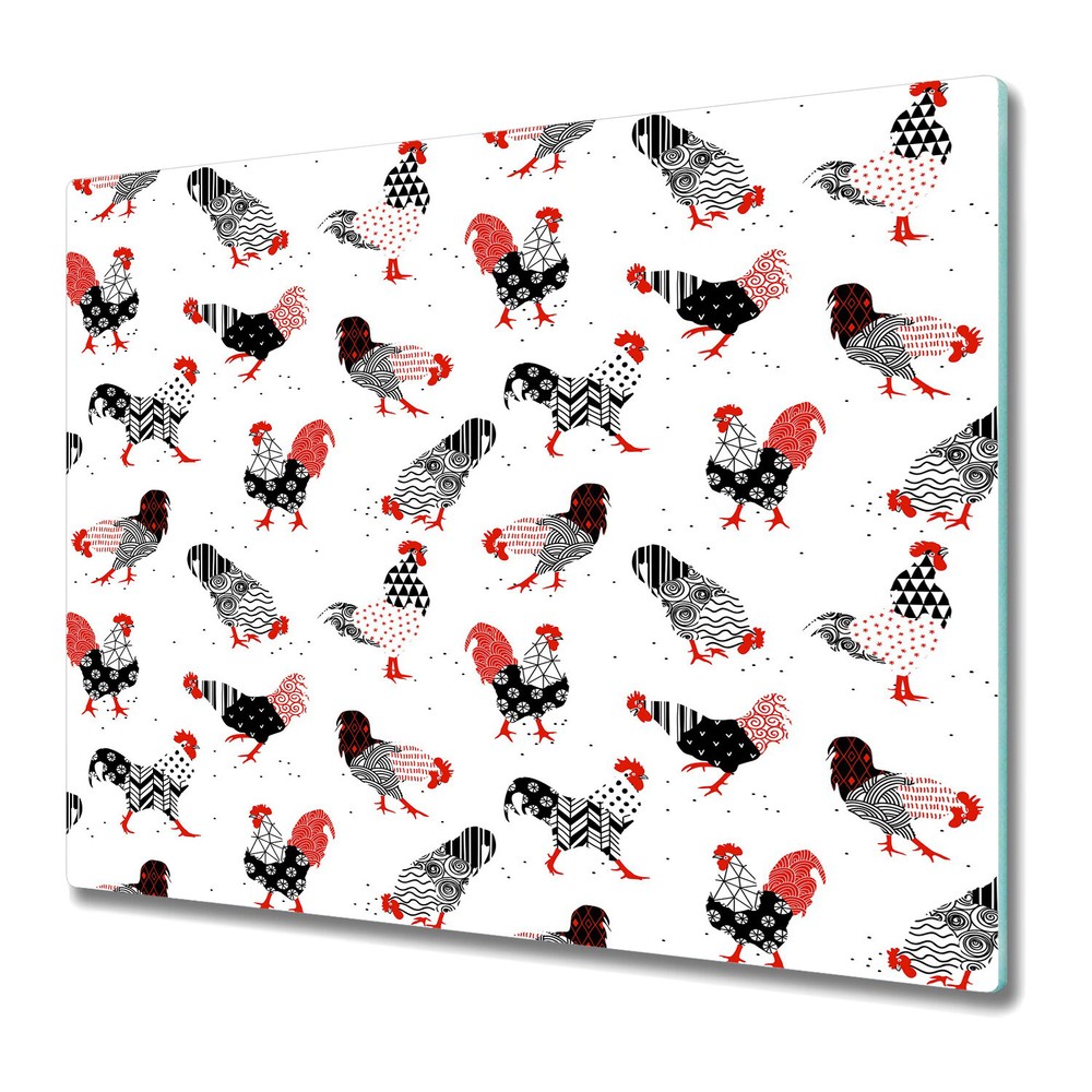 Glass Kitchen Chopping Board Worktop Saver Roosters black and red 60x52