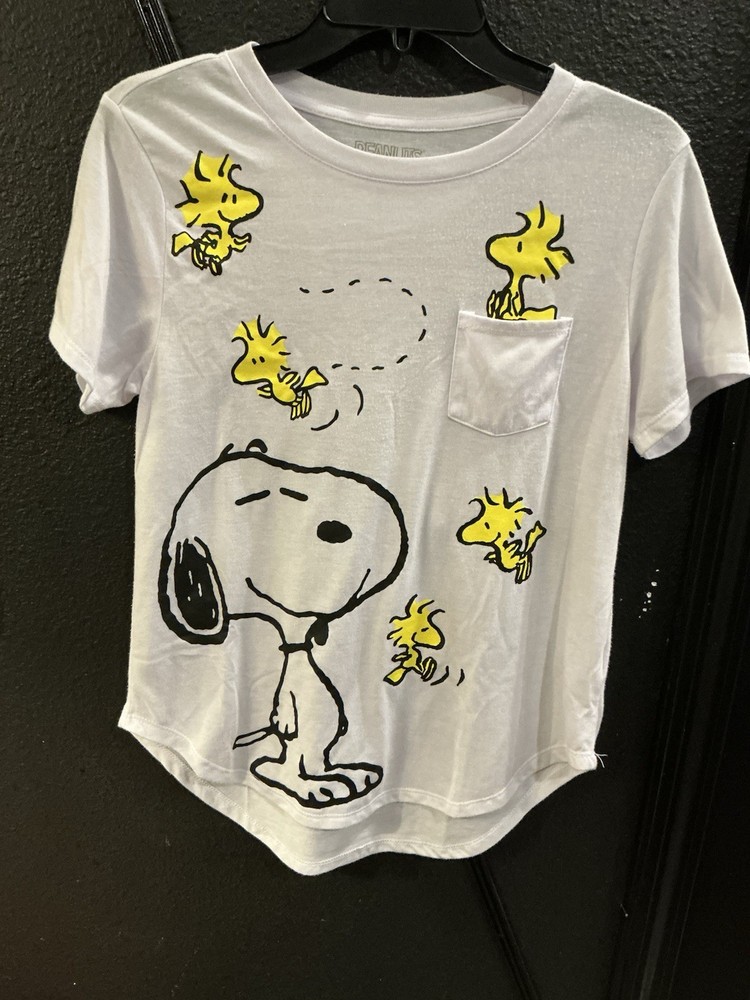 Peanuts Snoopy Woodstock Pocket Graphic Tee White Short Sleeve Shirt”