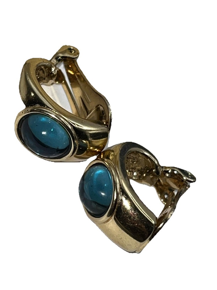 Agatha Paris Vintage Clip On Earrings Gold  Blue Glass Signed