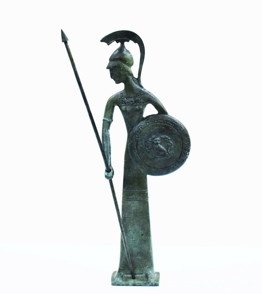 Bronze figurine of Goddess Athena with shield - Symbolizing wisdom strength and strategy