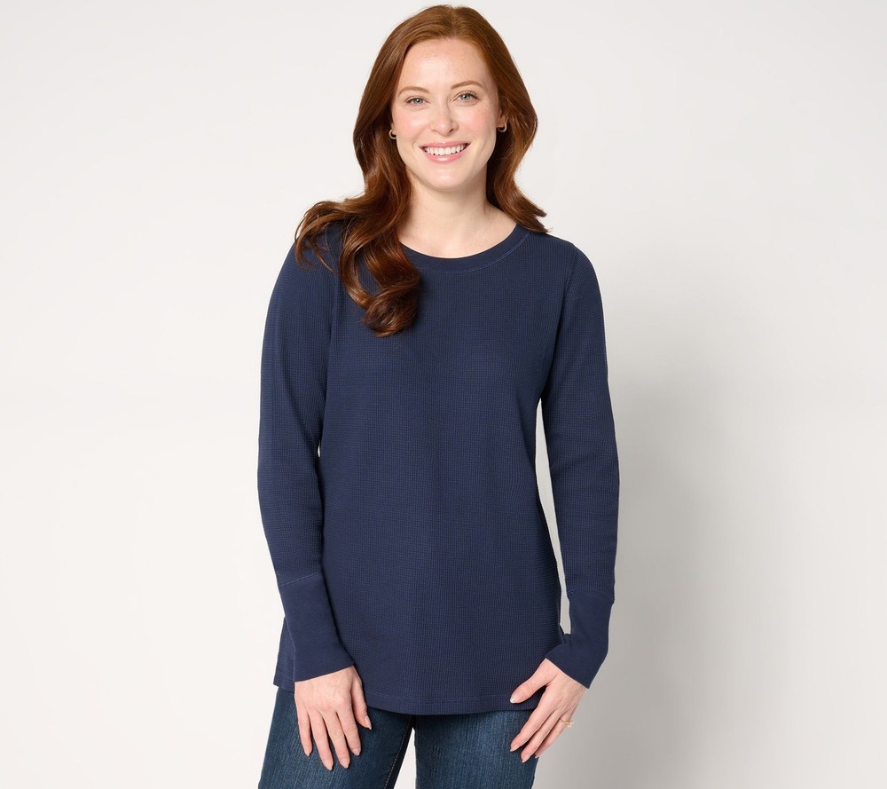 Belle by Kim Gravel Women's Top Sz S Baby Waffle Long-Sleeve Cuff Blue A667142