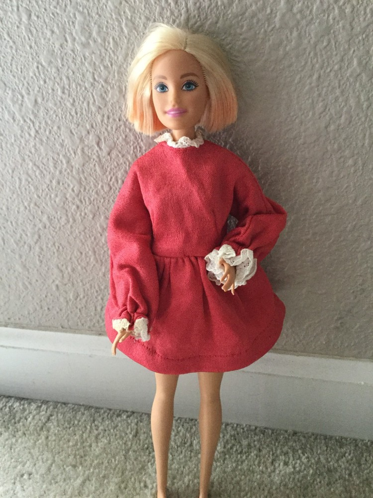 Barbie Doll Dress Handmade Dark Red Color with Cream Color Lace Collar Trim
