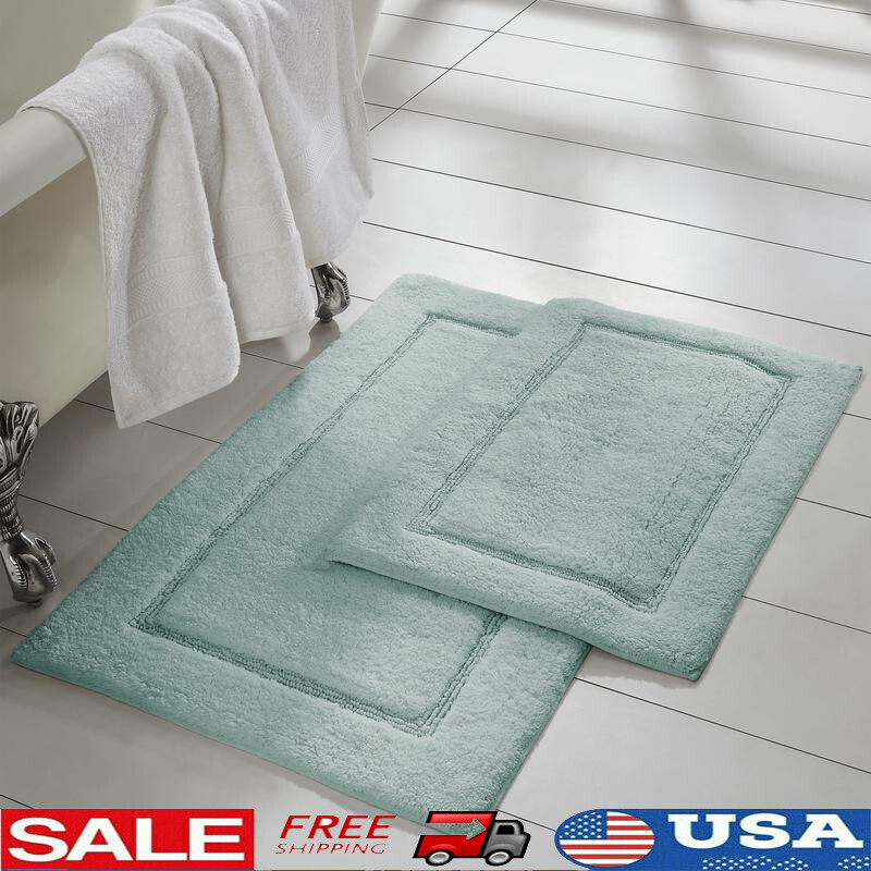 Non-Slip Cotton Bath Rug Set 2-Piece Machine Washable Soft Absorbent Geometric Design