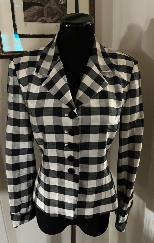 Gruppo Americano sz 4 dupioni 100% silk jacket black/white check button front