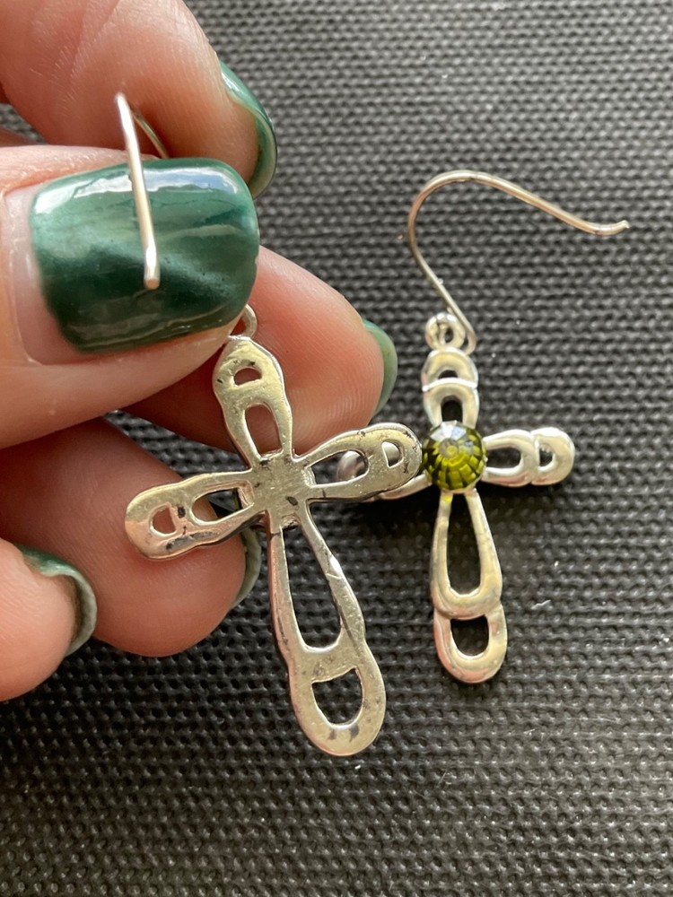 vintage 925 sterling silver green peridot cross dangle earrings estate jewelry