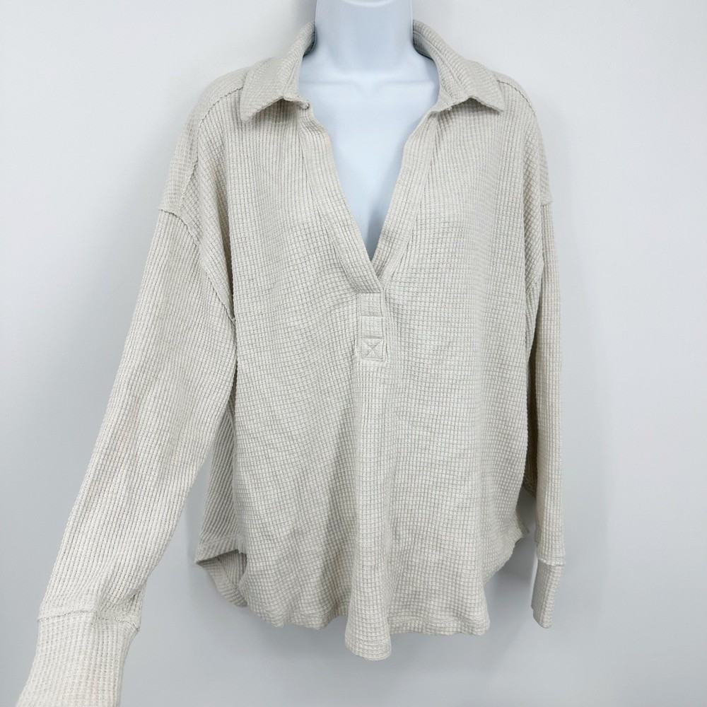 Aerie Waffle Knit Oversized Sweatshirt Size Small V Neck Boho Slouchy
