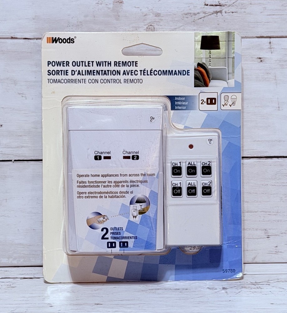 Woods 59780 Power Outlet With Remote Indoor TWO Outlets 50 Feet Range NEW Sealed