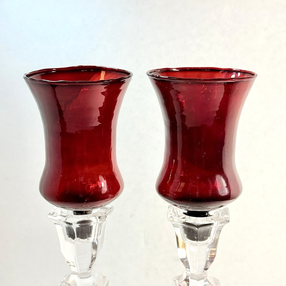 VTG EUC! Set-2 RUBY RED Glass Peg Candle Holders Votive Cups HOMCO Mexico w/Box
