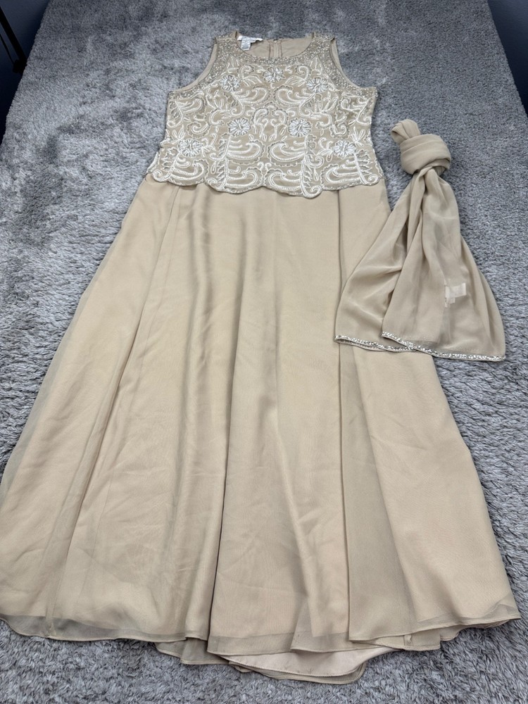 J Kara Dress Women 16 Champaign Scallop Neck Beaded Maxi Evening Gown & Scarf