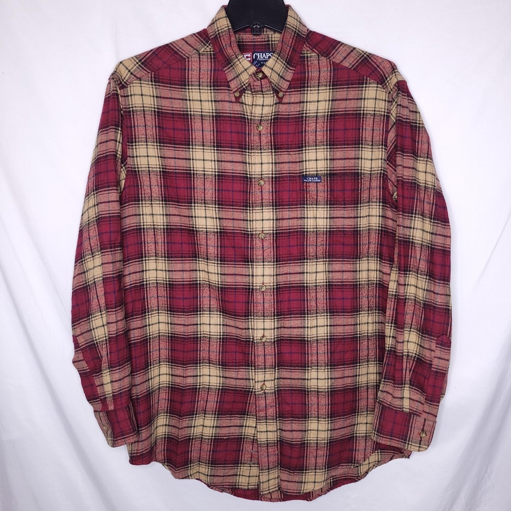 Vintage Chaps Ralph Lauren Flannel Shirt Mens Medium Plaid Red, Tan