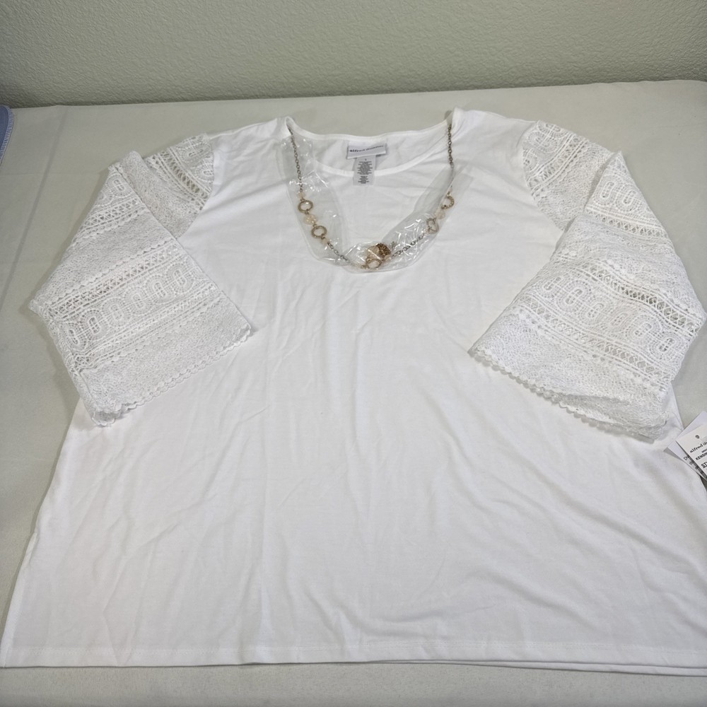 Alfred Dunner Women’s Top Crochet 3/4 Sleeves Size Large White
