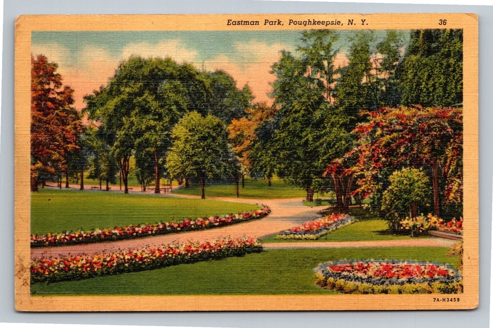 Vintage Linen Postcard Eastman Park Poughkeepsie NY Scenic Garden