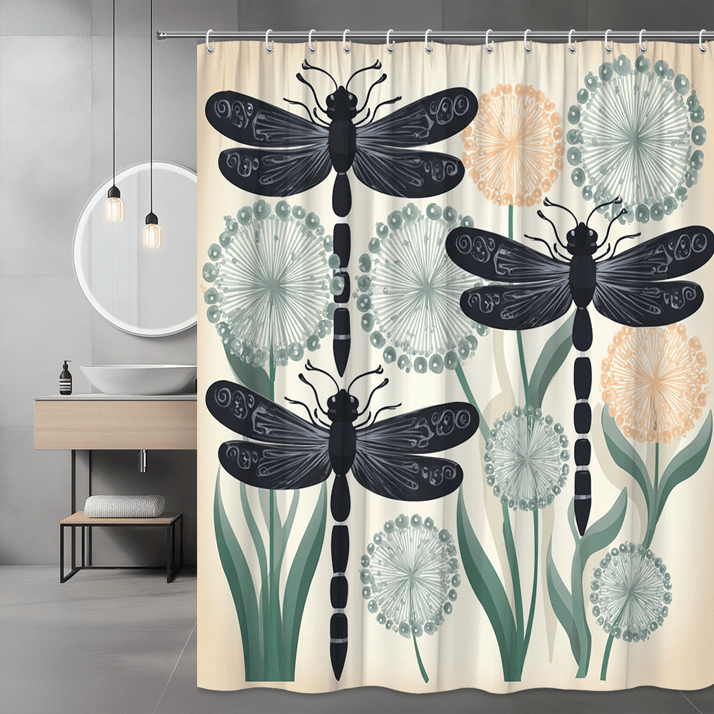 Dragonfly Floral Shower Curtain, Black Insect and Dandelion Print