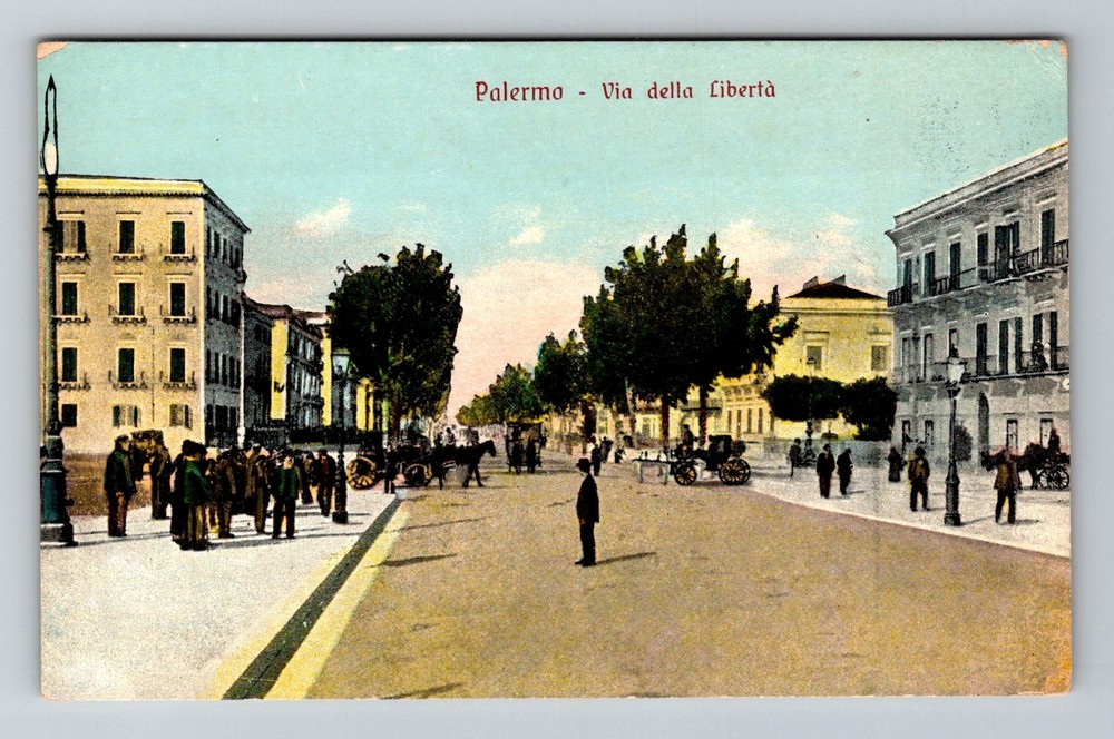 Italy- Palermo Busy Liberty Street Horses & Carriages Old Post Vintage Postcard