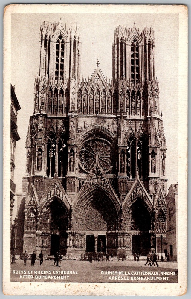 Antique Postcard Notre-dame Cathedral Ruins Reims, Fr 1910s