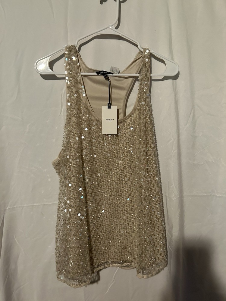 Studio Y Womens S Beige Sequin Sleeveless Tank Top Scoop Neck Pullover Knit