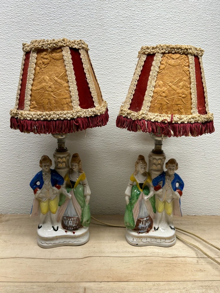 Vtg Porcelain Victorian Couple Night Stand Lamps Set Of 2 Original Shades Japan