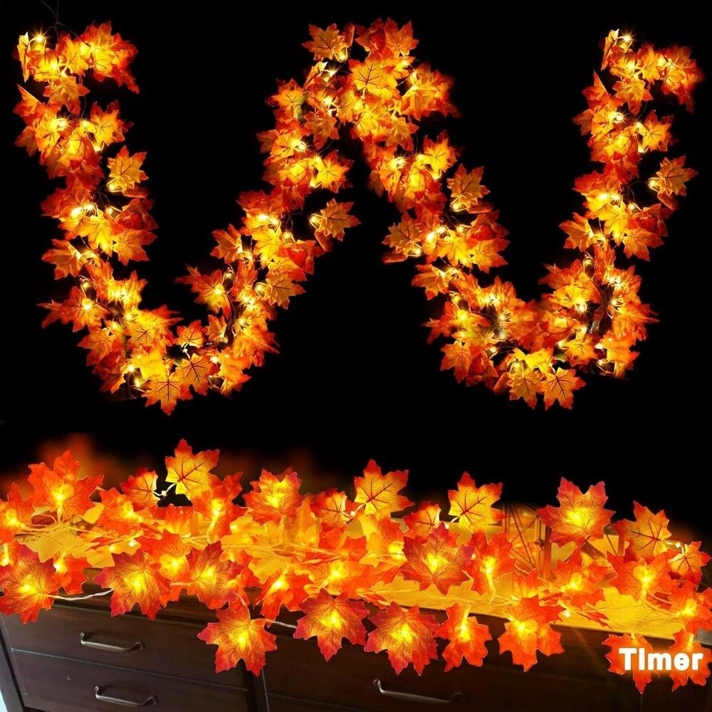 2 Pack Orange Fall Garland with Lights - Home Decor Timer