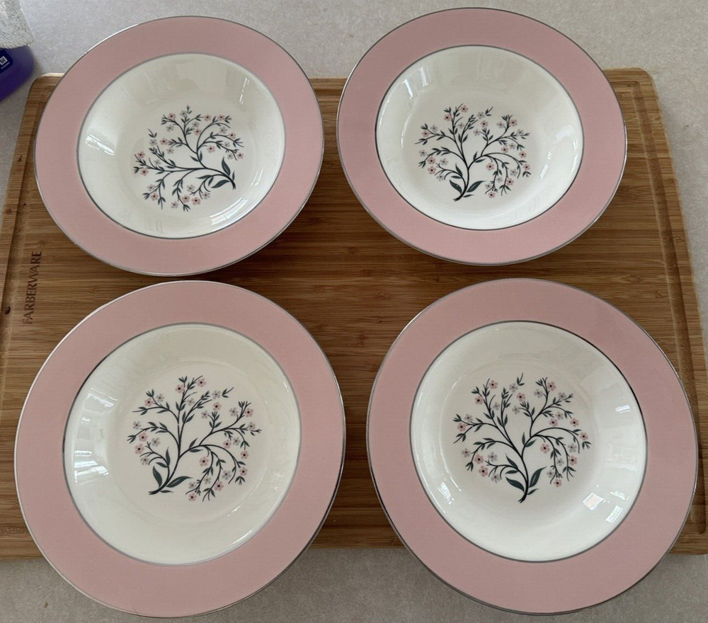 Set of 4 Homer Laughlin Vintage Egg Shell China Cavalier Pink Rimmed Soup Bowls