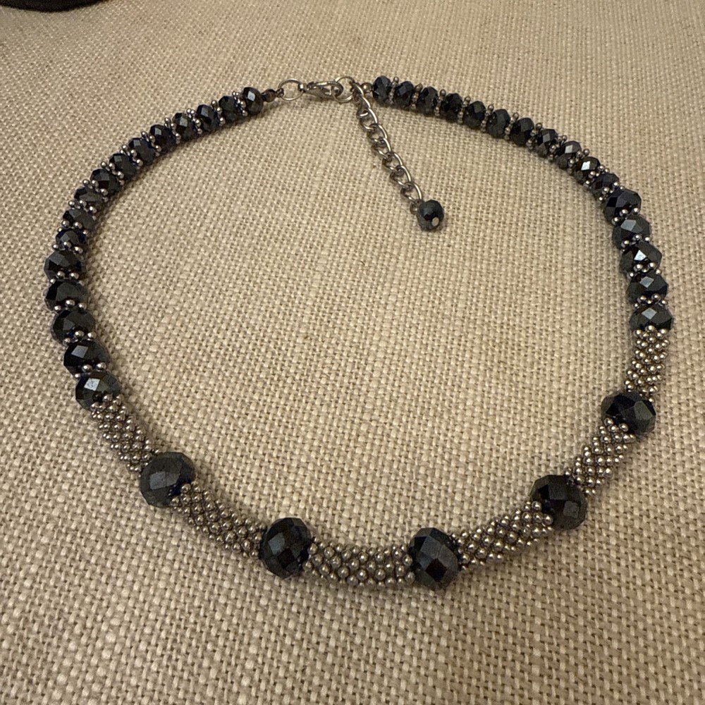 Vintage Silver Tone Discs Navy Blue Faceted Crystal Beads Statement Necklace