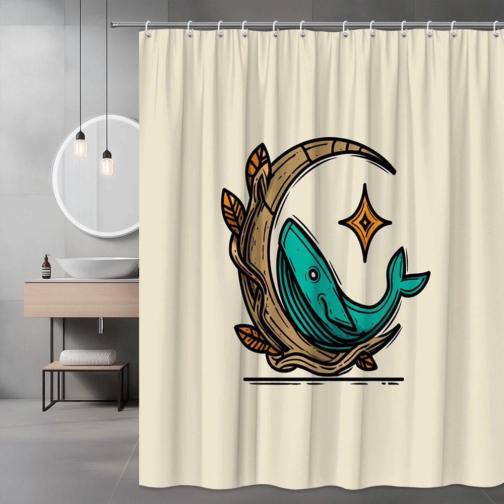 Whale Moon Shower Curtain Graphic Ocean Nautical Print