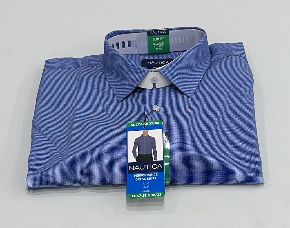 Nautica Men's Performance Slim Fit Dress Shirt, Navy, XL (17-17.5, 32/33)