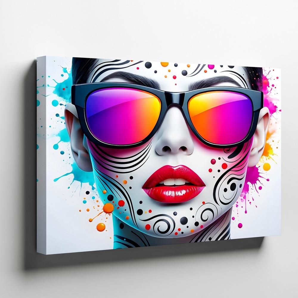 Colorful Abstract Woman Face with Sunglasses Modern Canvas Wall Art Print Decor-image