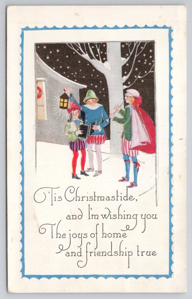 Vintage Christmas Postcard Carolers Winter Snow Scene 'Tis Christmastide USA
