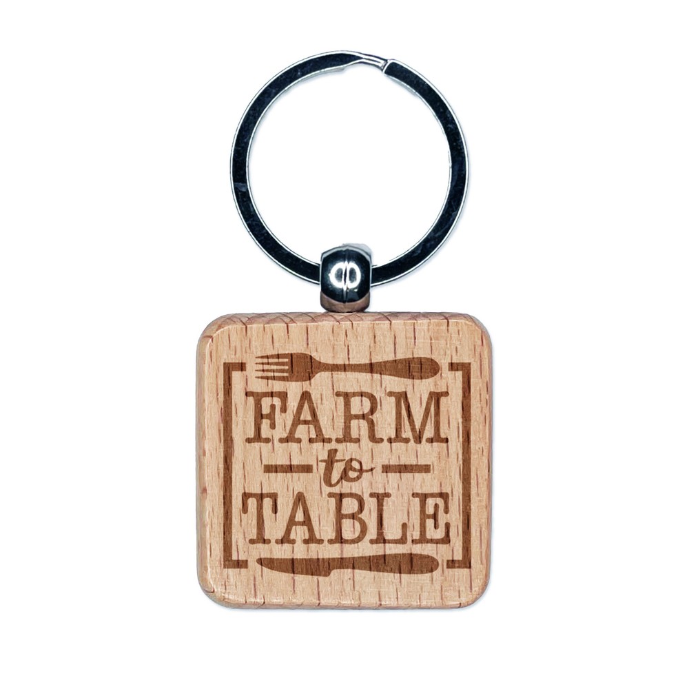 Farm to Table with Fork and Knife Engraved Wood Square Keychain Tag Charm