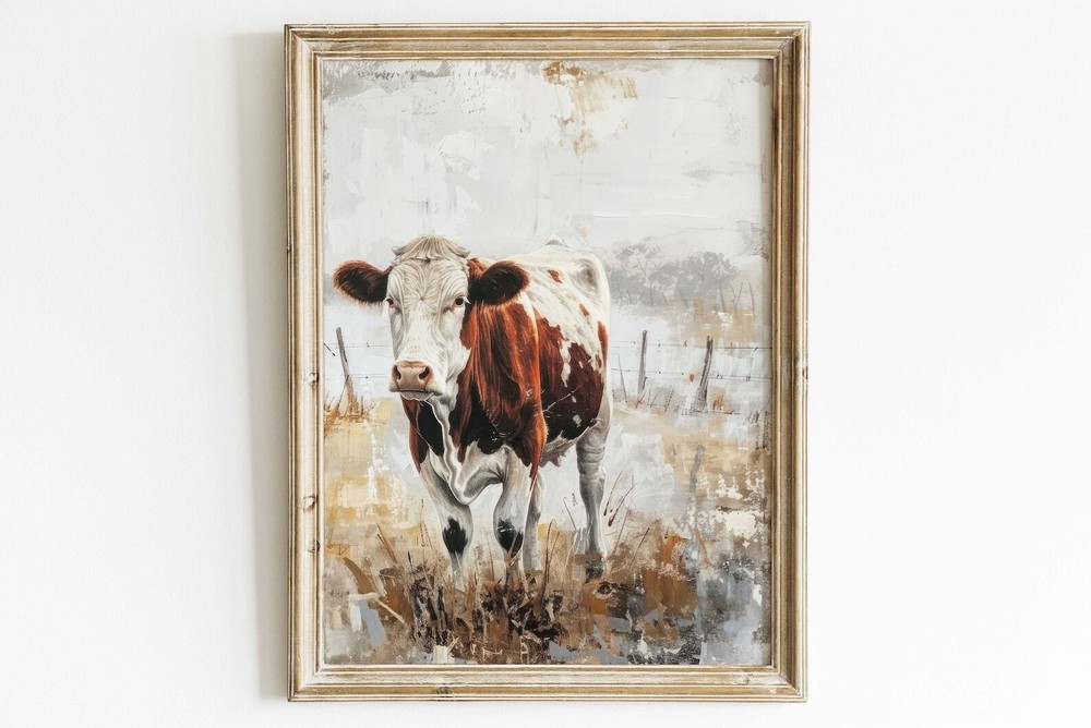 Cow Wall Art Rustic Cow Painting Vintage Farm Animal Print Farmhouse Home Decor