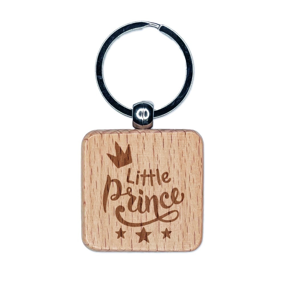 Little Prince Cursive with Crown and Stars Engraved Wood Square Keychain