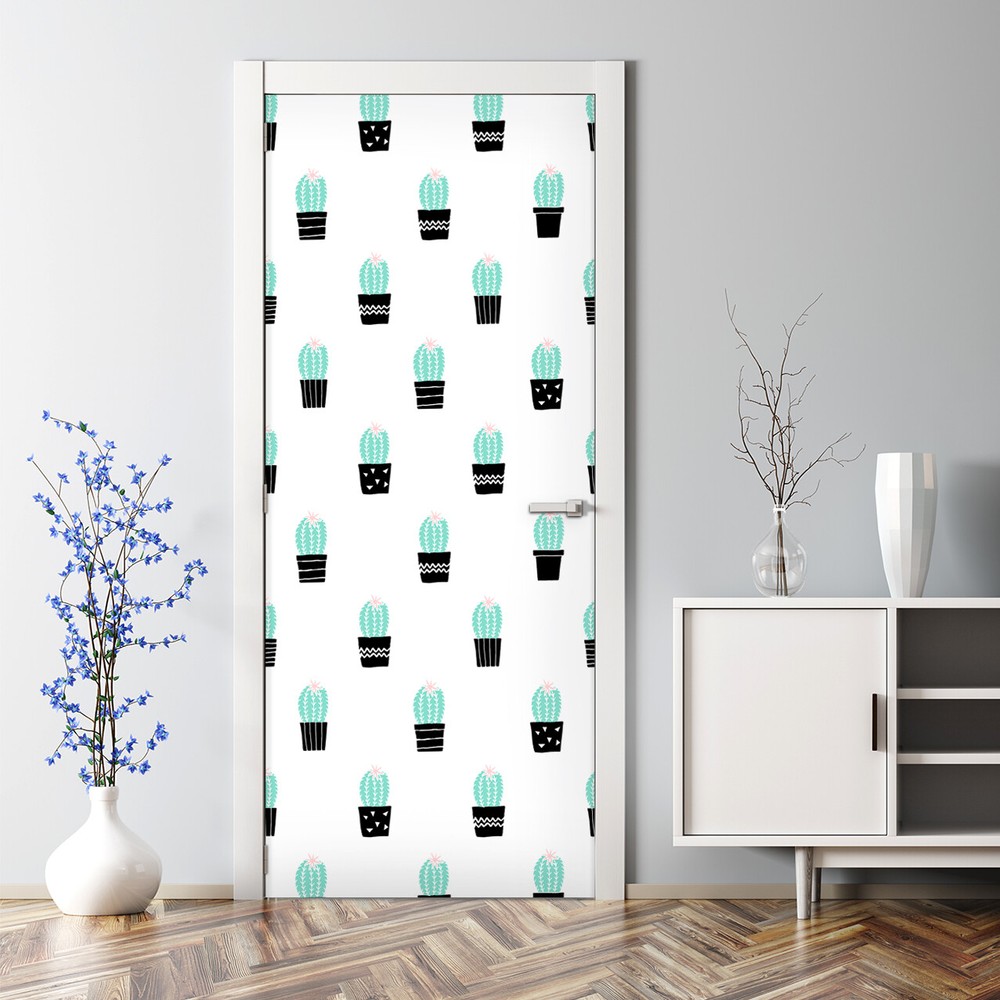 Blue and White Cactus Bubble Free Door Sticker Traditional Decal Decor