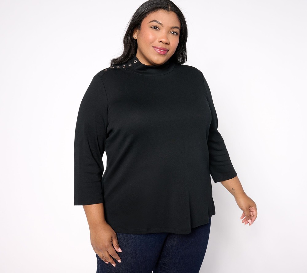 Isaac Mizrahi Live! Women's Top Plus Sz 1X Estate Mock Neck Sleeve Black A664411