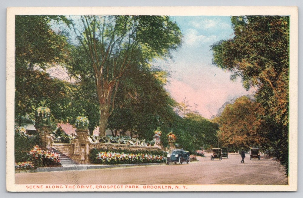 Vintage Prospect Park Brooklyn NY Postcard Scenic Drive Early Cars Flowers