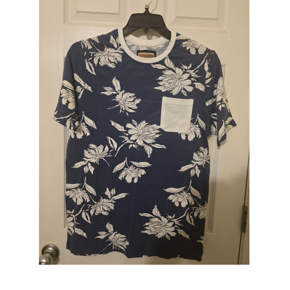 Hudson & Barrow Men's Blue White Floral Pocket Crew Neck T-Shirt XXXL