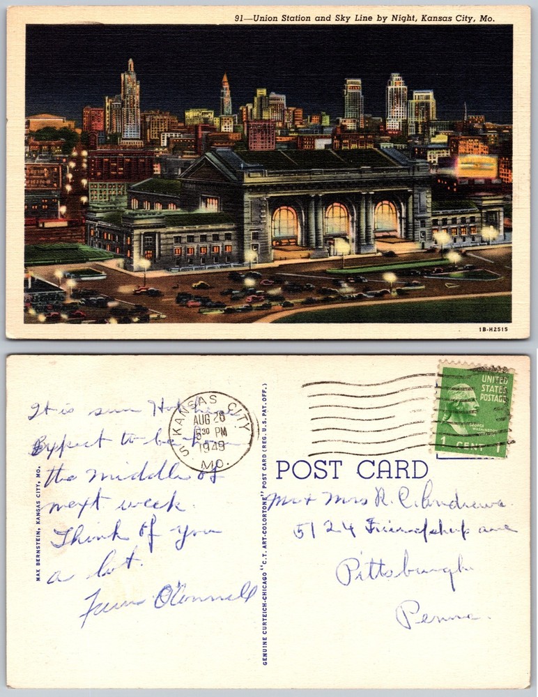 Kansas City MO Union Station Skyline Night Postcard