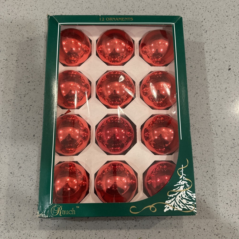 Vintage Set of 12 Rauch Red Glass Balls Christmas Tree Ornaments